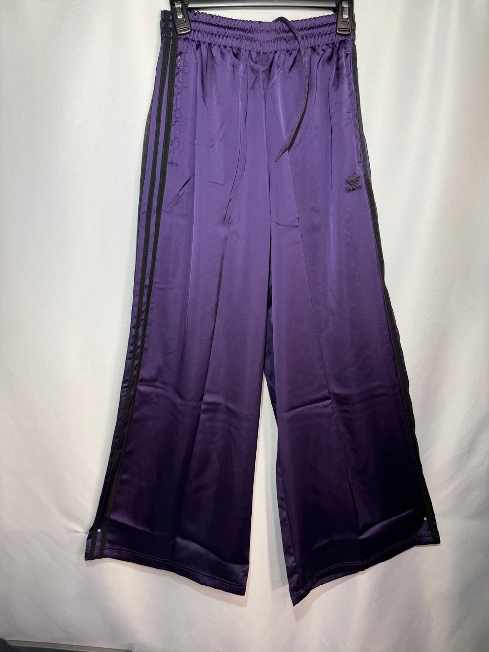 adidas Purple Satin Wide-Leg Track Pants with Black Stripes size 2 new w /tags